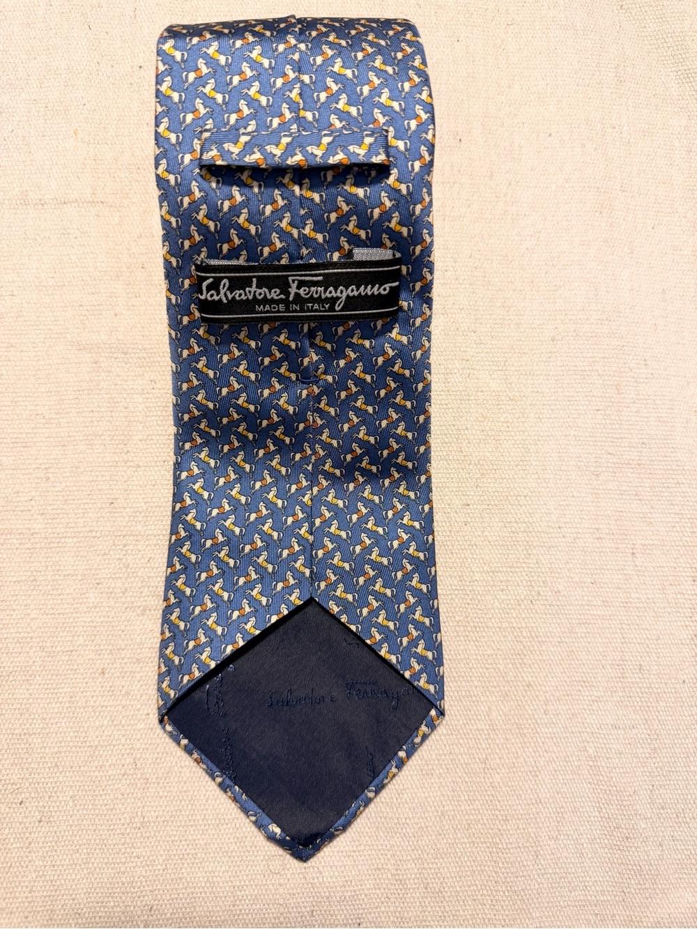 Salvatore Ferragamo 100% Silk Neck Tie Blue  Style Horse Made in Italy 3.5”